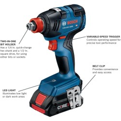 Bosch GDX18V-1800B12 18V EC Brushless 1/4 In. and 1/2 In. Two-in-One Bit/Socket Impact Driver Kit with 2.0 Ah SlimPack Battery